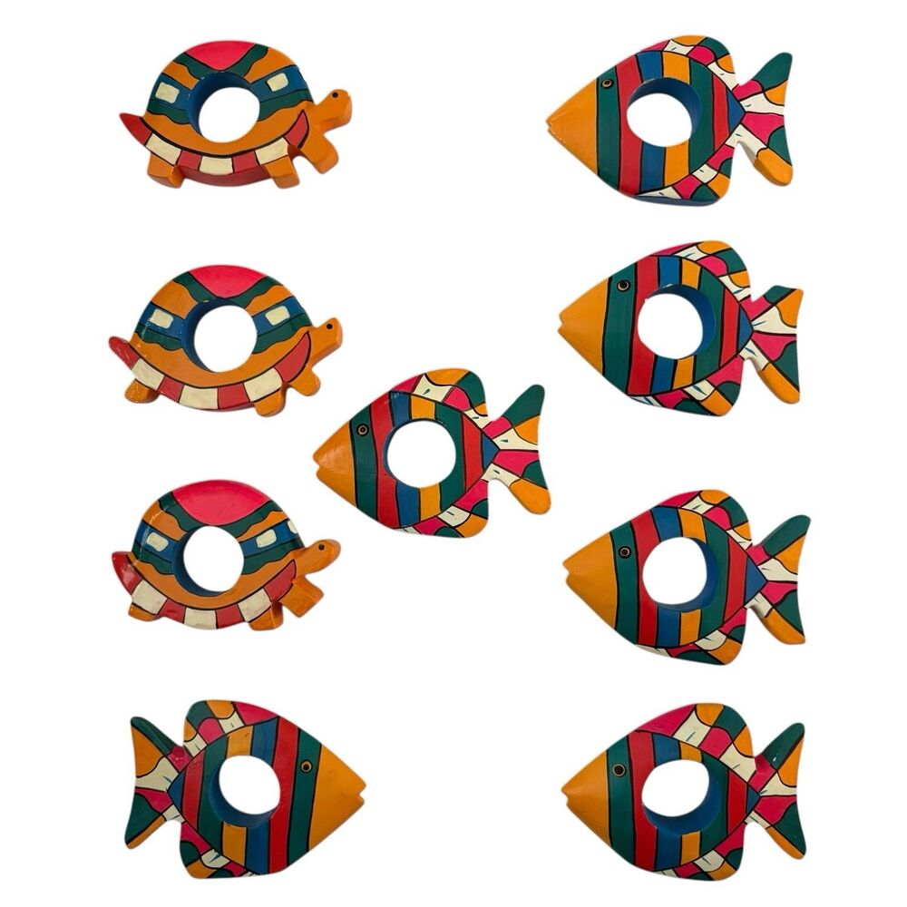 Colorful Hand-Painted Wooden Fish Turtles Napkin Ring Set Tropical Island Decor